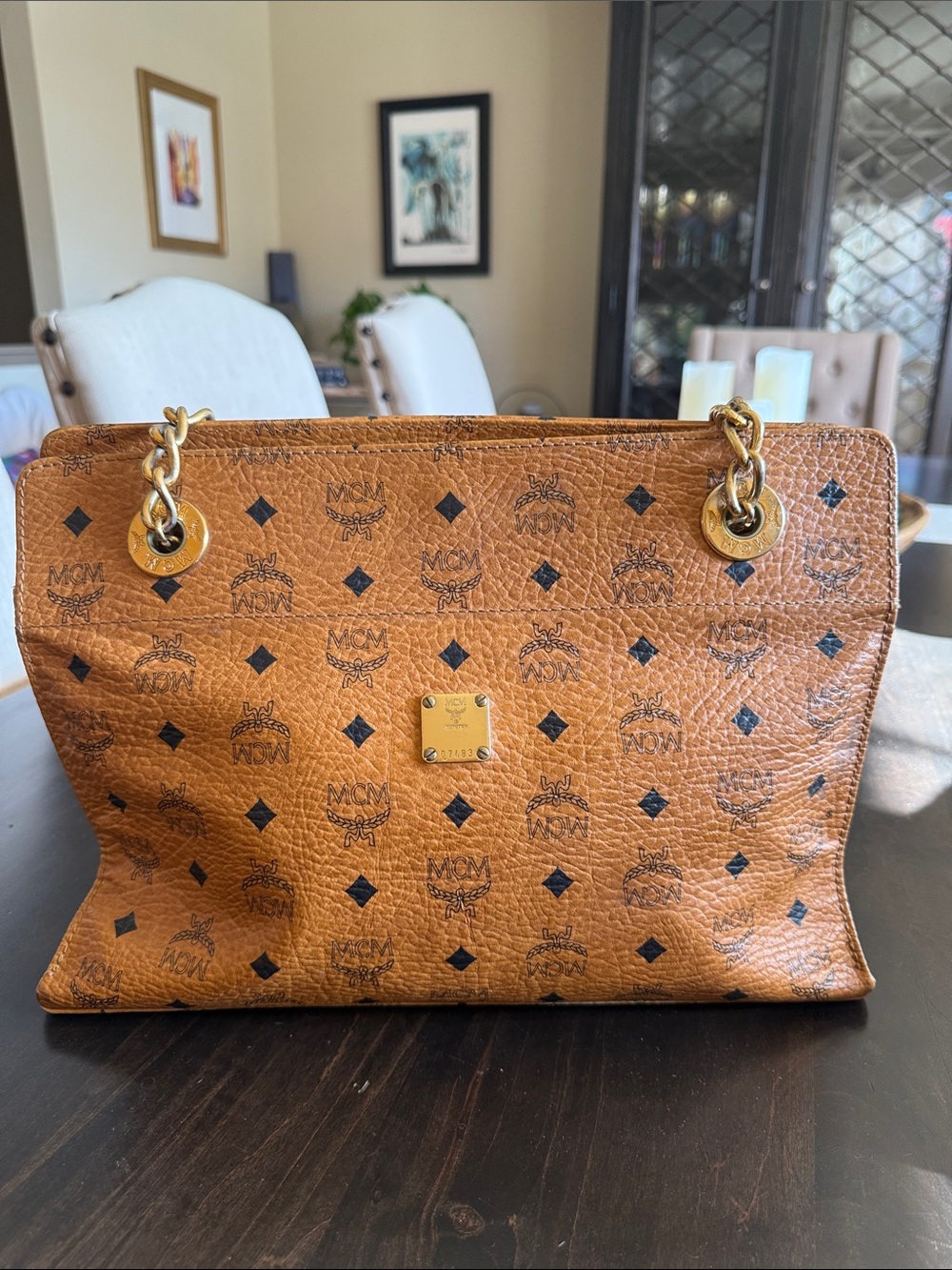 Vintage MCM Cognac Visetos Shoulder Tote with Gold Chain Accents